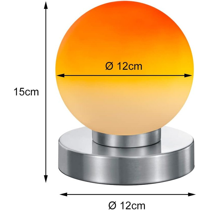 Невелика сенсорна настільна лампа висотою 15 см, скляна куля білого кольору, основа срібляста (настільна лампа нікель, скло помаранчеве)