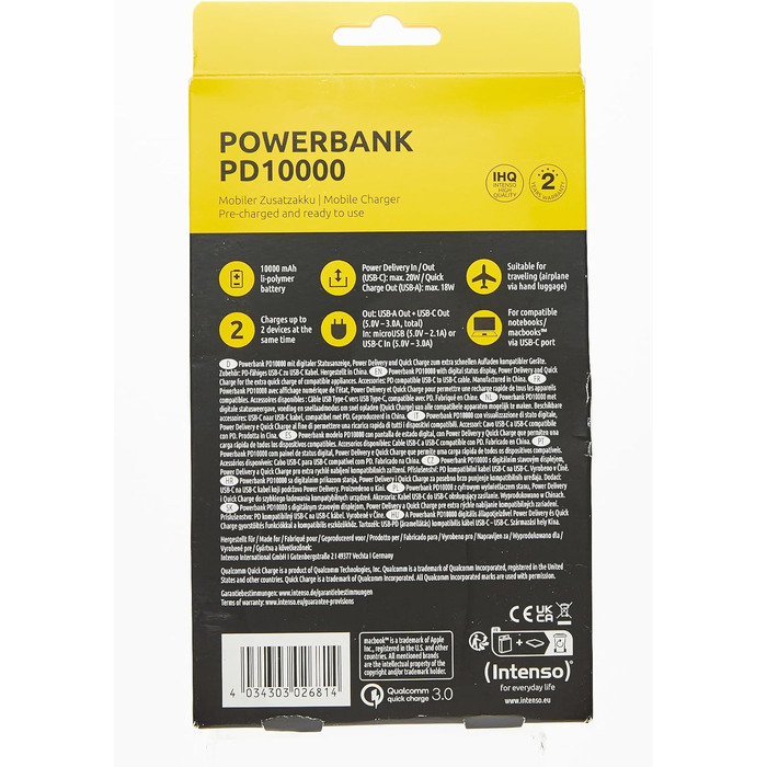 Зовнішній акумулятор з Power Delivery & Quick Charge 3, чорний, 7332330 Powerbank PD 10000mAh