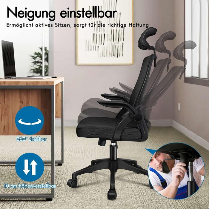 Офісний крісло ALFORDSON з динамічною підтримкою попереку, чорний. Ергономічний поворотний стілець з відкидними підлокітниками для комп'ютера