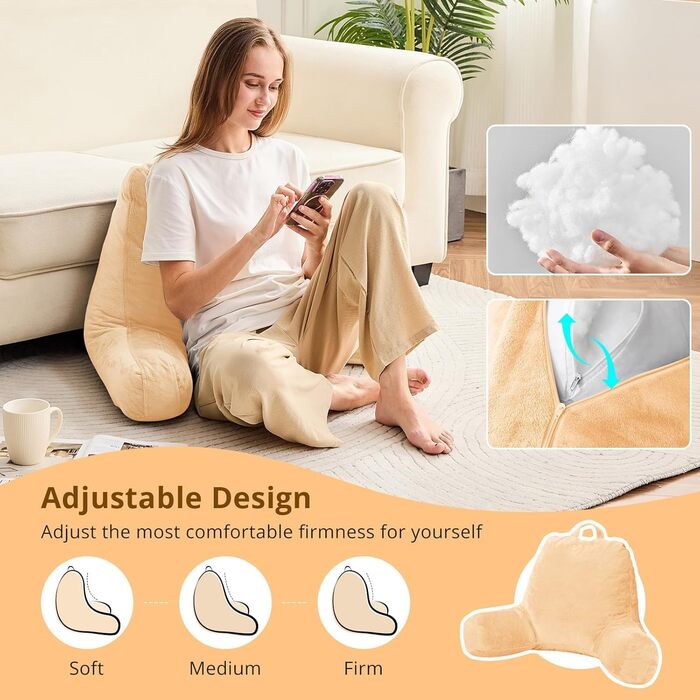 Підкуштуник Sasttie з велюровою спинкою для читання в ліжку, м'яка подушка для підтримки спини, з підлокітниками для дивана, софи та підлоги, ідеально для гуртожитків та аксесуарів для читання, колір: пісочний