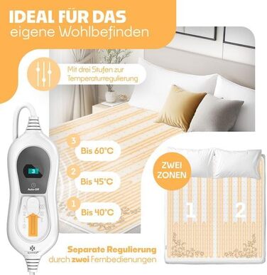 Електрична ковдра KESSER® з двома зонами нагріву та автовимкнення | Ковдра з 3 температурними режимами | Підстилка під ковдру | Тепла ковдра з м'якого флісу, біла (160 x 140 см)
