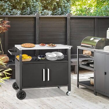 Набір для гриля з великою робочою поверхнею | Гриль-стіл, вуличний гриль-тролей, стіл з нержавіючої сталі для саду, срібно-чорний 112*59*82см