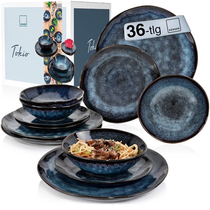 Sänger Tafelservice Tokio 24: Набір посуду з 24 предметів для 8 осіб, Steingut, сучасний ручної роботи, темно-синій з чорними акцентами | PREMIUM COLLECTION
