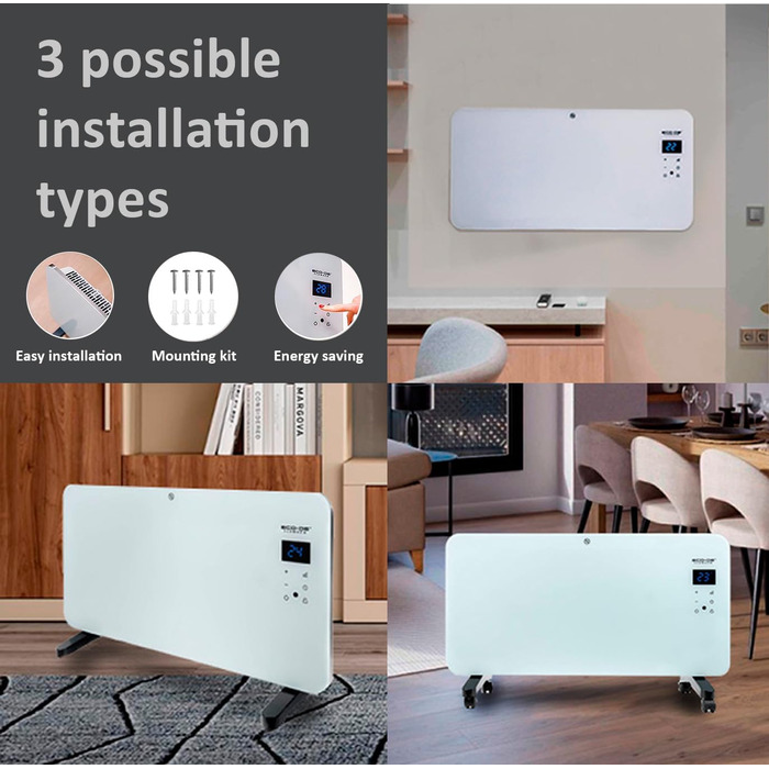 Електричний конвектор ECODE® з настінним кріпленням та пультом керування, термостатом, 1500W, керування через додаток, панель опалення з ніжками