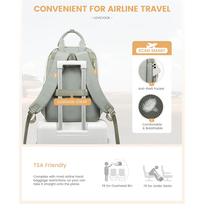 LOVEVOOK Рюкзак для жінок, 15.6 дюймів, рюкзак для школи, дівиччий рюкзак з відділенням для ноутбука, водонепроникний, для подорожей, роботи, навчання, рюкзак для університету, офісу, відпочинку, 15.6 дюймів, 1 світло-зелено-бежевий