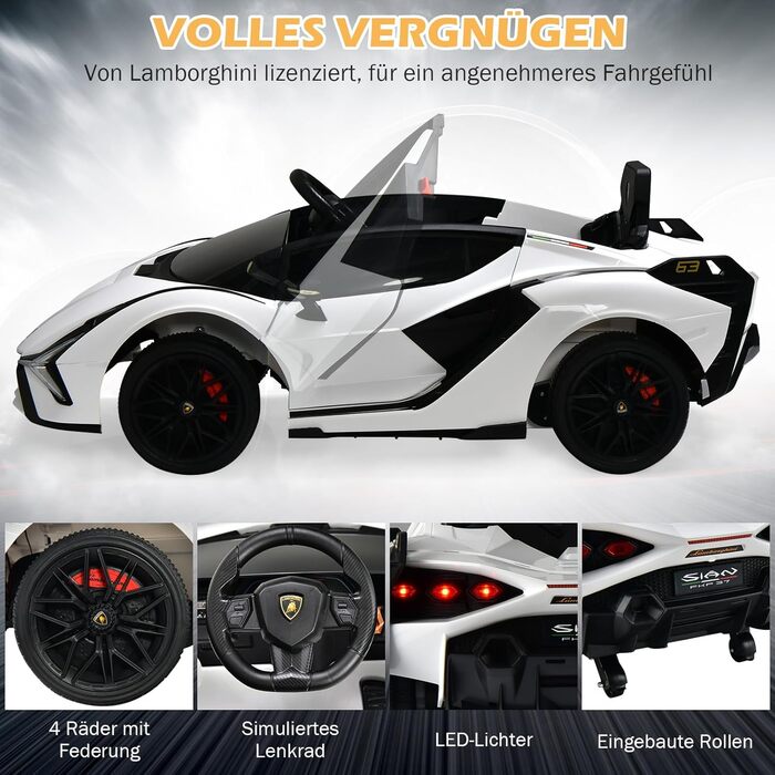 Електромобіль для дітей DREAMADE Lamborghini 12V з дистанційним керуванням, ременем безпеки, підсвіткою, музикою та сигналом, білий, для дітей від 3 років