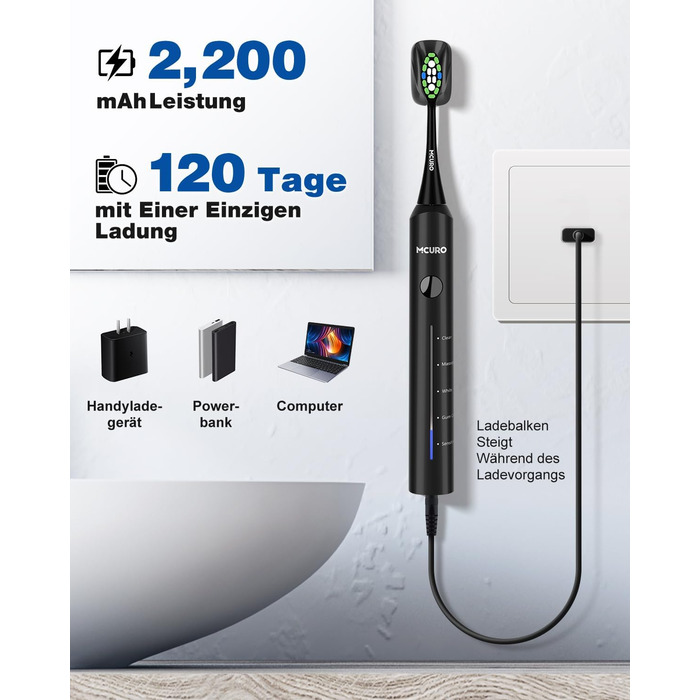 Електрична звукова зубна щітка, 45000 VPM, відбілювання за 1 тиждень, 120 днів роботи від акумулятора, індикатор заряду, 6 насадок DuPont, 5 режимів, таймер, чорна