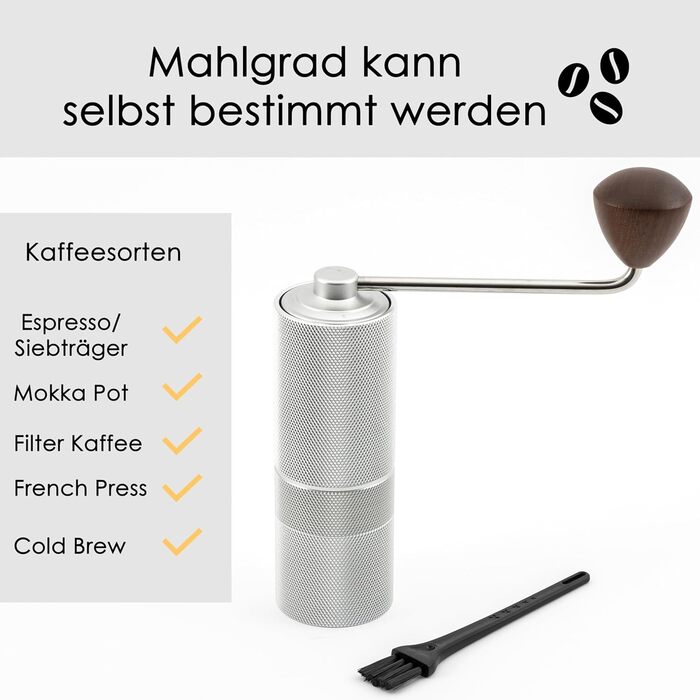 Ручна кавомолка з прецизійним жорновим механізмом з нержавіючої сталі та дерев'яним ручним грифом - для еспресо, з нержавіючої сталі (срібляста матова)