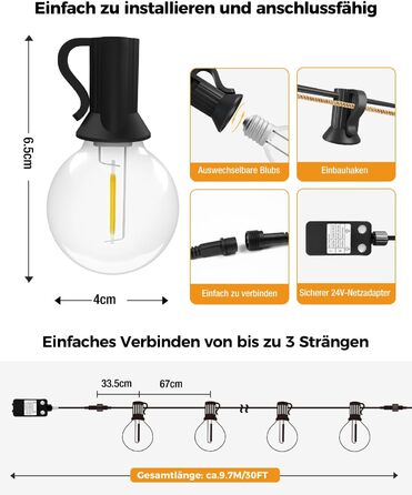 LED гірлянда для декорування вулиці, 15 метрів, димер, таймер, тепле світло G40, вологостійка, для саду, балкону, вечірки, павільйону, тераси