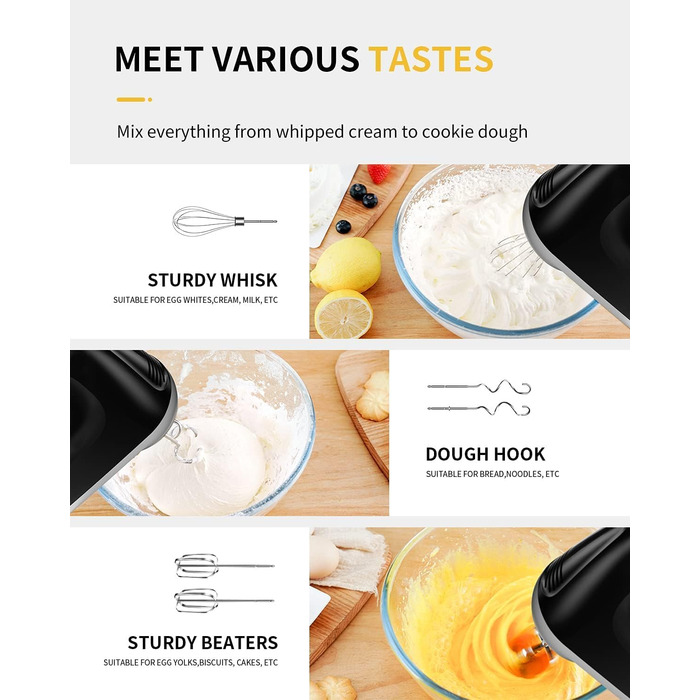 Електричний міксер ручний 6 швидкостей + турбо, без розбризкування, з набором аксесуарів з нержавіючої сталі, 400W, тихий мотор, великий об'єм