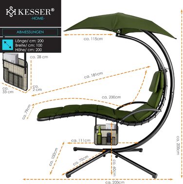 Кесер® Розкішна гамак-шезлонг з сонцезахисним козирком, 194x100 см, до 120 кг, з подушкою для шиї та сумкою (Хакі)