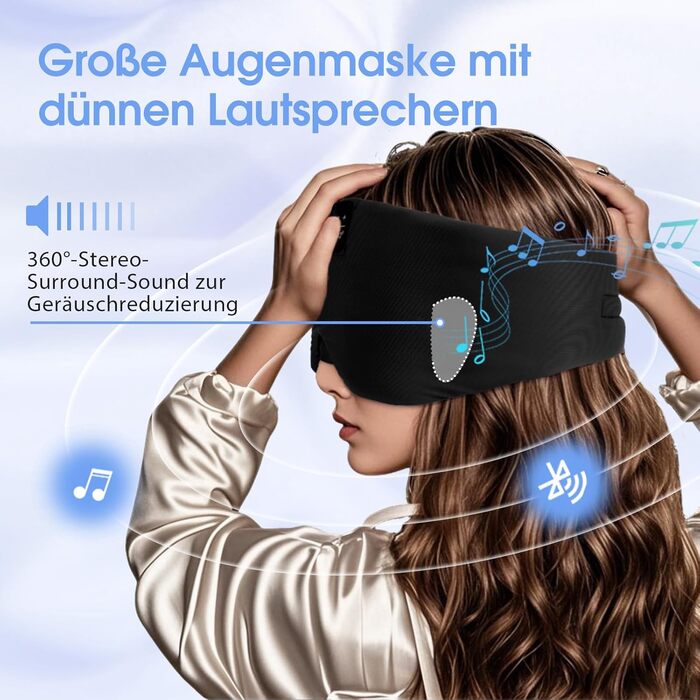 Маска для сну з Bluetooth навушниками, 100% затемнення, шовкова, для чоловіків та жінок, м'які навушники, Bluetooth маска для сну, подорожей (Чорний)