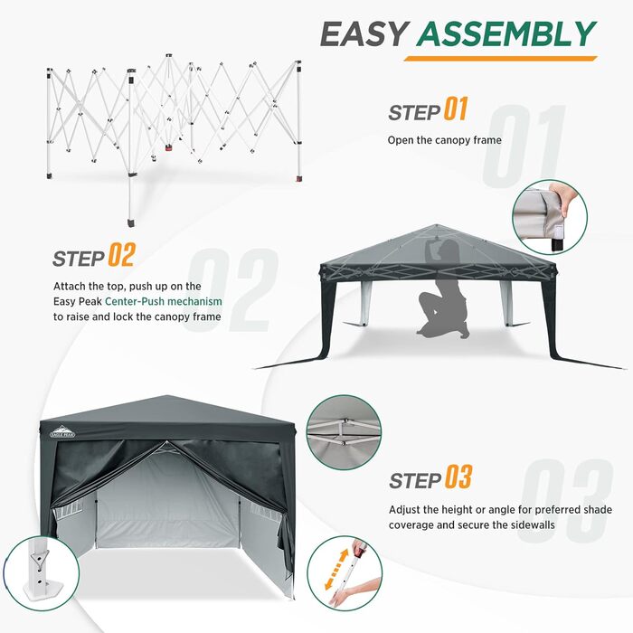 Альтанка EAGLE PEAK 3x3 м Складний водонепроникний намет з навісом Складна садова альтанка, захист від ультрафіолету з 4 бічними панелями для вечірки, весілля, саду, кемпінгу, фестивалю E100SW4 (сірий)