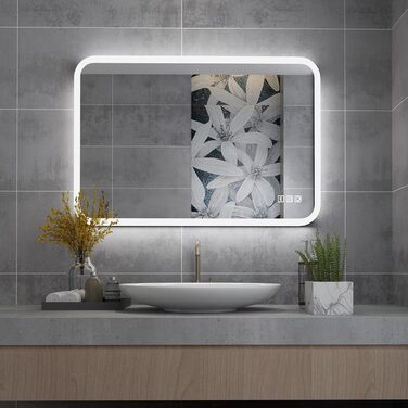 MIQU Дзеркало для ванної кімнати з підсвічуванням LED 60x50 см, сенсорне, проти запотівання, з Bluetooth та розеткою, 3 кольори світла, диммування