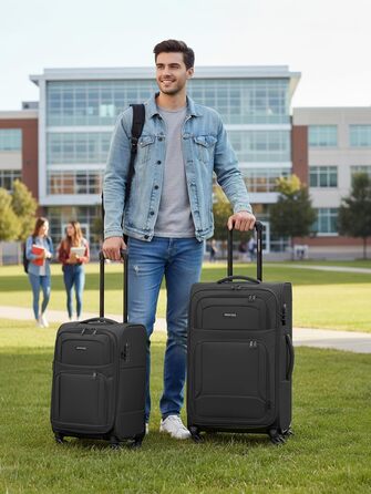 Набір валіз Smartbox 3 шт. для жінок та чоловіків | Легкі та міцні валізи-ролики, якісний softcase, 4 колеса та кодовий замок | Розширювані (Edition 04) (Чорний, валіза S (56 см))