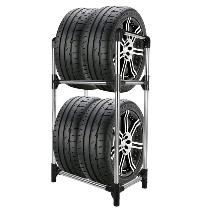 Стійка для шин BAOYOUNI на 4 шини/диски, 2 яруси, сіро-срібна, 57,2 x 37,3 x 114,6 см