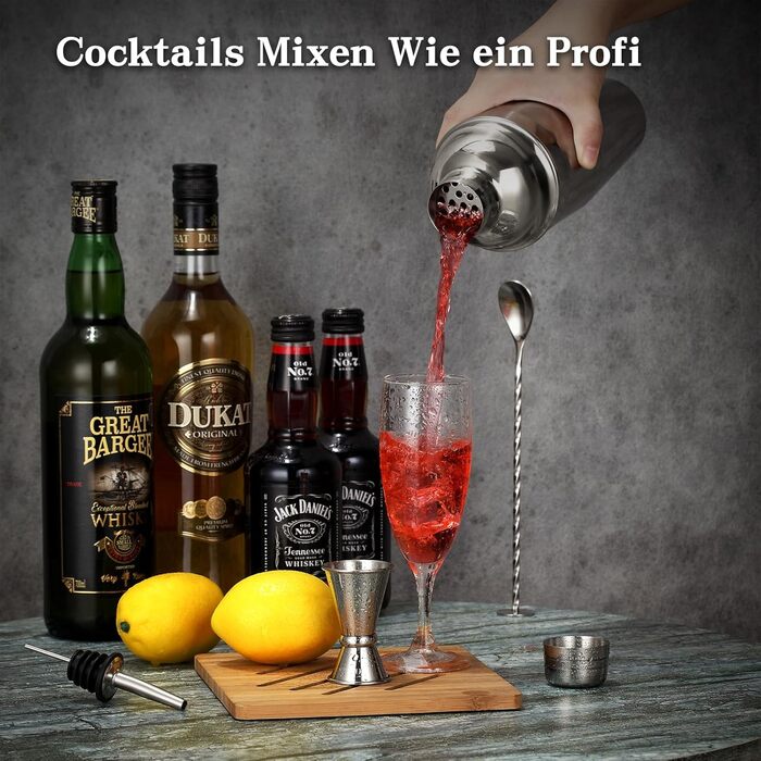 Набір шейкерів для коктейлів, нержавіюча сталь, 750 мл, 5 шт. ситечко, мірний стакан, барна ложка, товкач, міксер