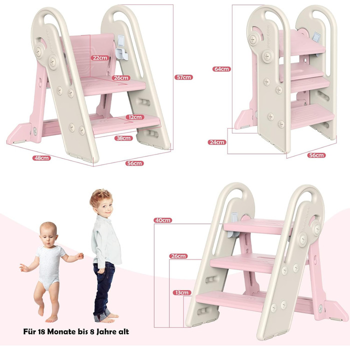 Дитячий підсходильник Onasti Tritthocker, регульована висота, 3 сходинки, з ручками, складний, анти-ковзний, для кухні, ванної кімнати, умивальника та туалету (Сірий) Сіро-білий (Рожевий)
