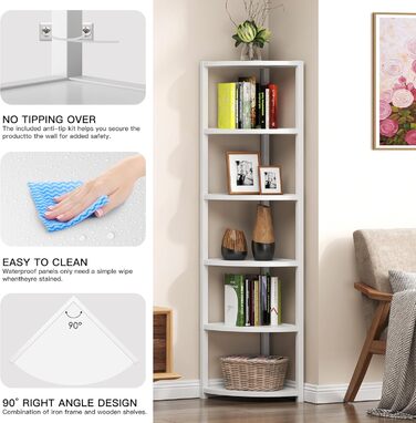 Стеллаж кутовий SoGESFurniture з 6 полицями, стелаж-лесенка, полиця для зберігання, полиця для квітів у вітальню, спальню, офіс, індустріальний дизайн, 34x34x165 см (Білий)