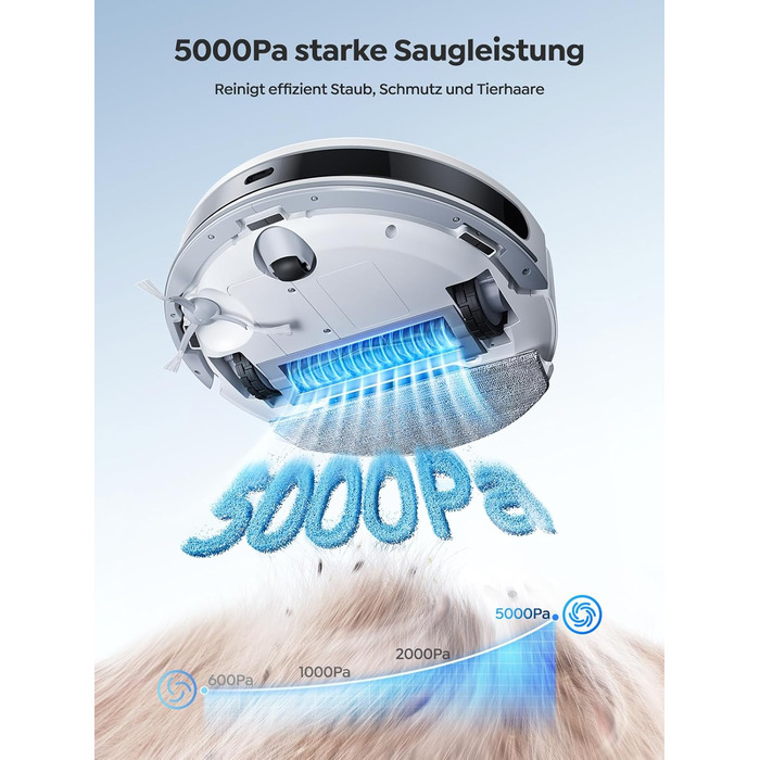 Робот-пилосос Vyzzle 5000Pa з функцією миття, LDS-навігація, D10, керування через додаток/Alexa, для шерсті тварин, килима, твердих підлог, білий