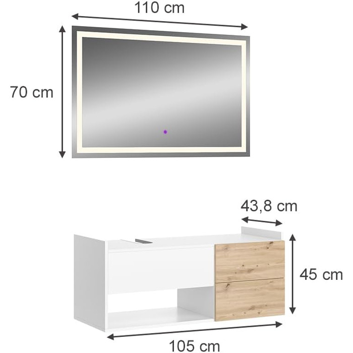 Тумба для ванної кімнати Alf, Дуб, 36x117 см, 2 ящики, Білий, Набір 1