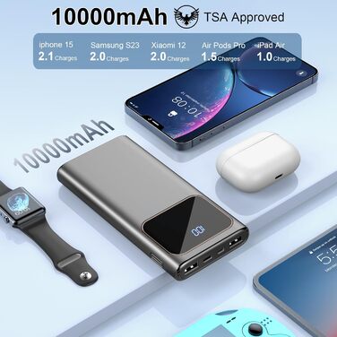 Швидка зарядка, USB-C, LED дисплей, для iPhone 15/14/13/12, чорний глянцевий, 10000mAh