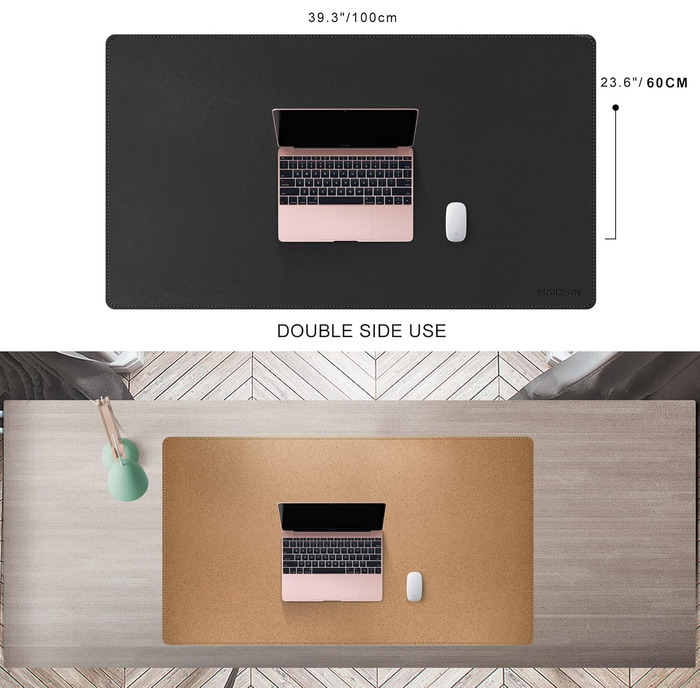 Килимок для столу MAIDERN XXL 100x60 см — двосторонній підкладник зі шкіри та корка, водонепроникний килимок для миші для офісу, дому та геймінгу, чорний