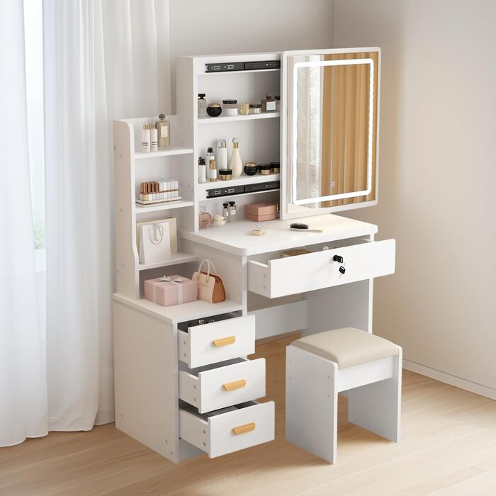 Трюмо YuYe з LED-підсвічуванням, регульованою яскравістю, дзеркалом, пуфом, 5 шухлядами та 3 полицями, сучасний комод для макіяжу з дерева, білий (125)