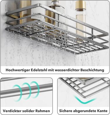 Душова полиця без свердління 2 шт. и Душова полиця для ванної кімнати з 2 клейовими поверхнями, нержавіюча сталь сріблясто-сіра