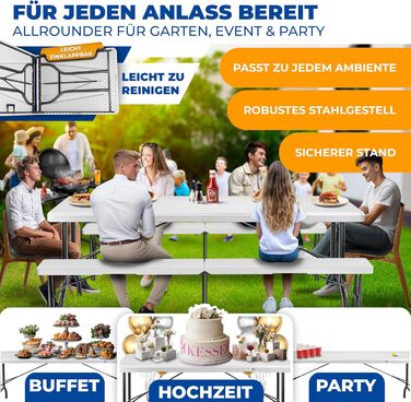 Стол KESSER® розкладний буфет пластиковий 183x76 см для кемпінгу, відпочинку, саду, тераси, балкону на 6 осіб з чохлом та ручкою, білий