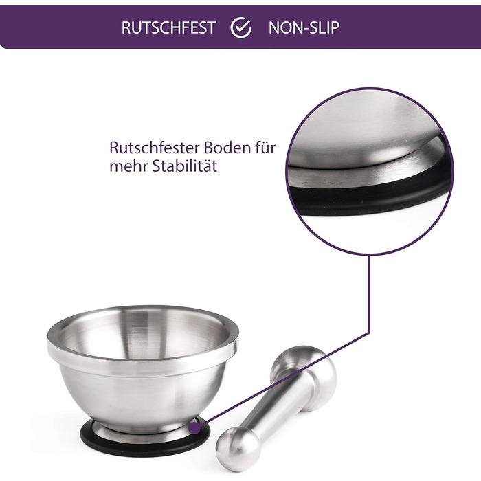 Мастрад - ступка та товкачок з нержавіючої сталі, стійкий до запахів, з антиковзним дном, придатний для миття в посудомийній машині