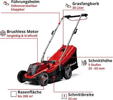 Акумуляторний газонокосарка Einhell GE-CM 18/33 Li Kit Power X-Change (18 В, ширина косіння 33 см, до 200 м², Brushless, кошик 30 л, висота косіння 25-65 мм, з акумулятором 4,0 Ah + зарядним пристроєм)