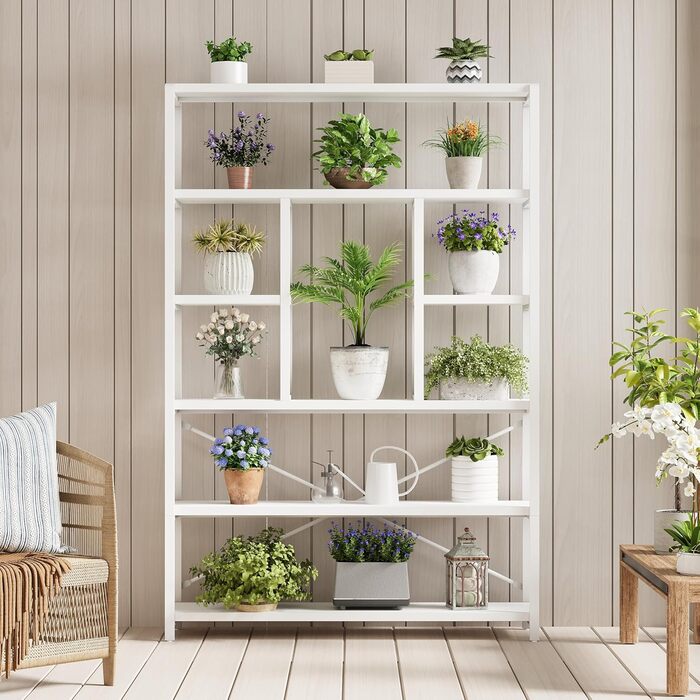 Стильна полиця-стелаж LVB з 6 полицями для вітальні, спальні, офісу. Дерево та метал, білий колір, 30 x 120 x 180 см