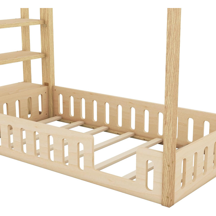 Дитяче ліжко Merax 90x200см із захистом від випадання, дитяче ліжко з висувними ящиками та полицею для зберігання, міцне дерев'яне ліжко на дереві з рейковим каркасом, ігрове ліжко для хлопчиків і дівчаток, біле (90 x 200 см, натуральне ліжко)