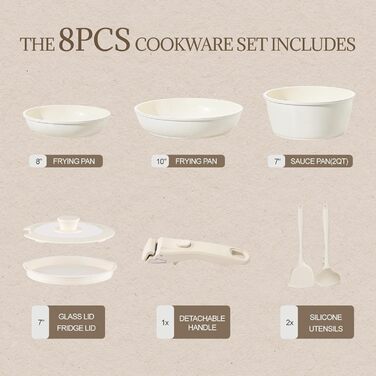 Набір каструль та сковорідок з керамічним покриттям 8 предметів з знімними ручками, індукційне дно, придатні для духовки та мийки, без PFAS/PFOA, кремово-білий