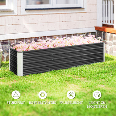 Підвищене грядка зі сталі, садова грядка, ящик для рослин, ящик для квітів, квітковий горщик з рукавичками. Сірий колір, розміри 183 x 47 x 40 см.