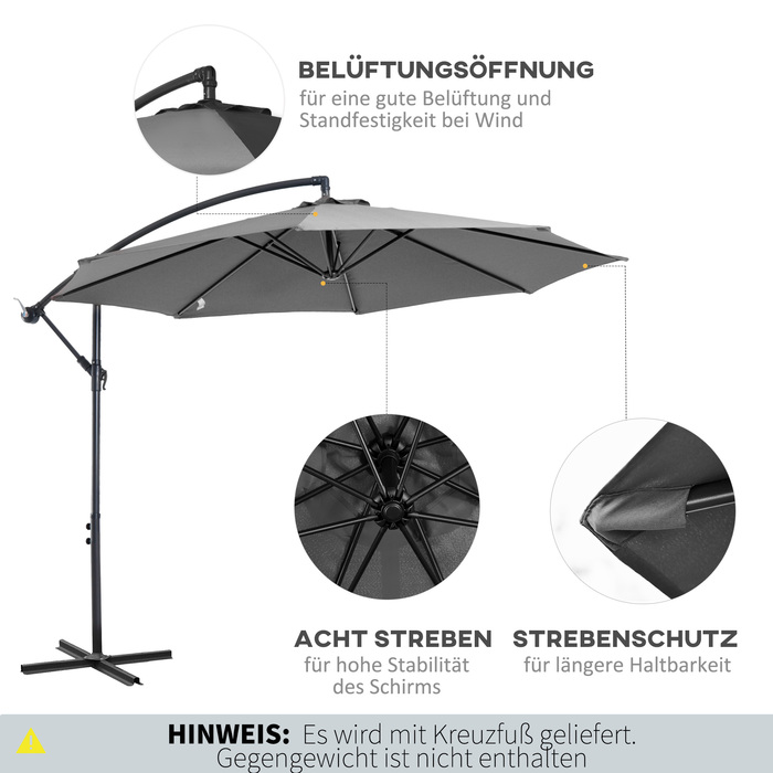 Парасолька Outsunny Parasol Crank зі сталевим каркасом і поліефірною тканиною сірий Ø2,95x2,45 м для саду, патіо, балкона