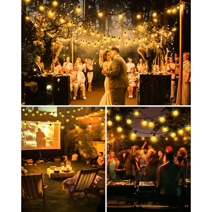 Ланцюжок прикрас для зовнішнього використання, 10м, G40 лампочки. Водостійкий (IP68), диммування, з пультом ДУ. Ідеально для балкона, павільйону, саду, тераси, вечірки, весілля.