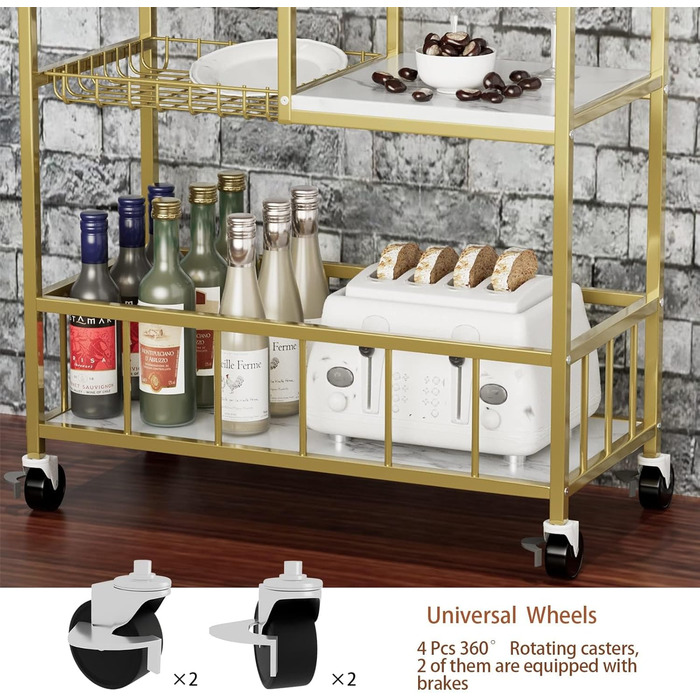 Сервісний візок Huhote з 3 ярусами, білий: візок для вина, кухонний візок з кошиком та відкидним столиком, 64 x 34 x 84 см