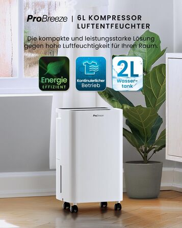 Електричний осушувач повітря Pro Breeze 20L - для дому, від вологи та цвілі, з функцією прання, таймером, фільтром, смарт-додаток, до 35 м²