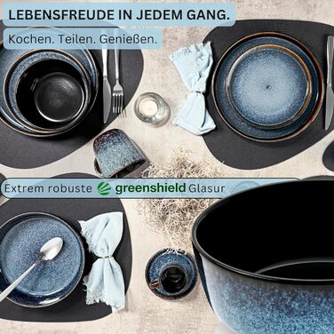 Набір посуду SÄNGER Steingut 18 предметів: 6 тарілок для їжі, 6 кашових тарілок, 6 десертних тарілок, блакитний колір з чорним бордюром, стійкий до подряпин. VALUE COLLECTION (Osaka, каші 6 шт.)