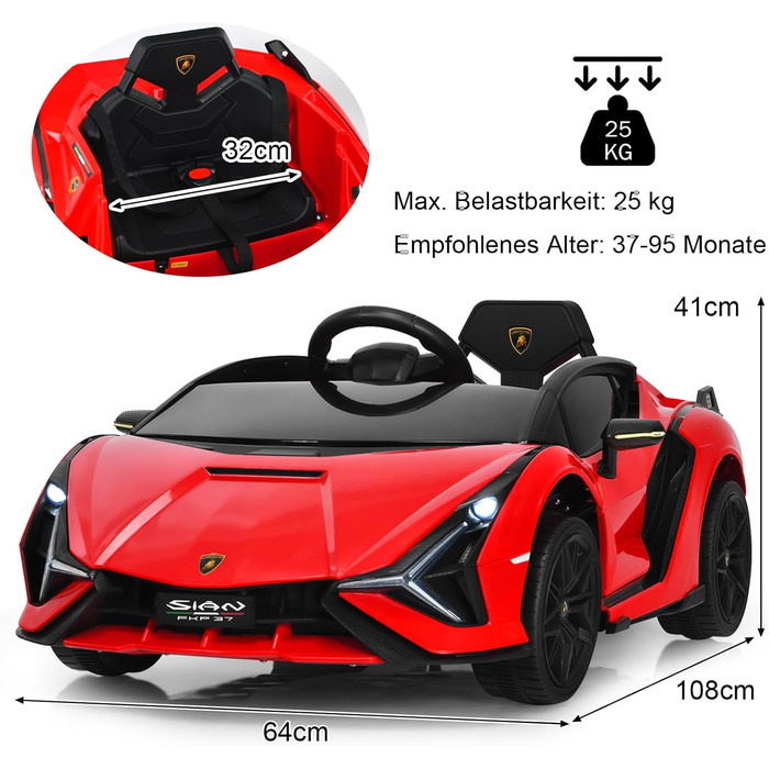 Електромобіль для дітей DREAMADE Lamborghini 12V з пультом, ременем безпеки, підсвічуванням, музикою та сигналом, червоний, від 3 років