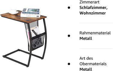 Журнальний столик LIFEZEAL С-подібний, журнальний столик з газетним мішком, журнальний столик з металевим каркасом, приліжкова тумбочка в індустріальному стилі, для вітальні, спальні та балкона, сільський коричневий і чорний
