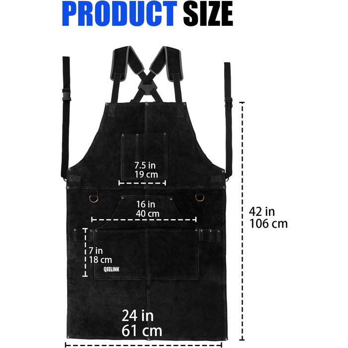 Зварювальна шкура QeeLink з рукавичками - шкіряна шкура з 6 кишенями, вогнестійка та жаростійка робоча шкура (чорна - 61 x 107 см)