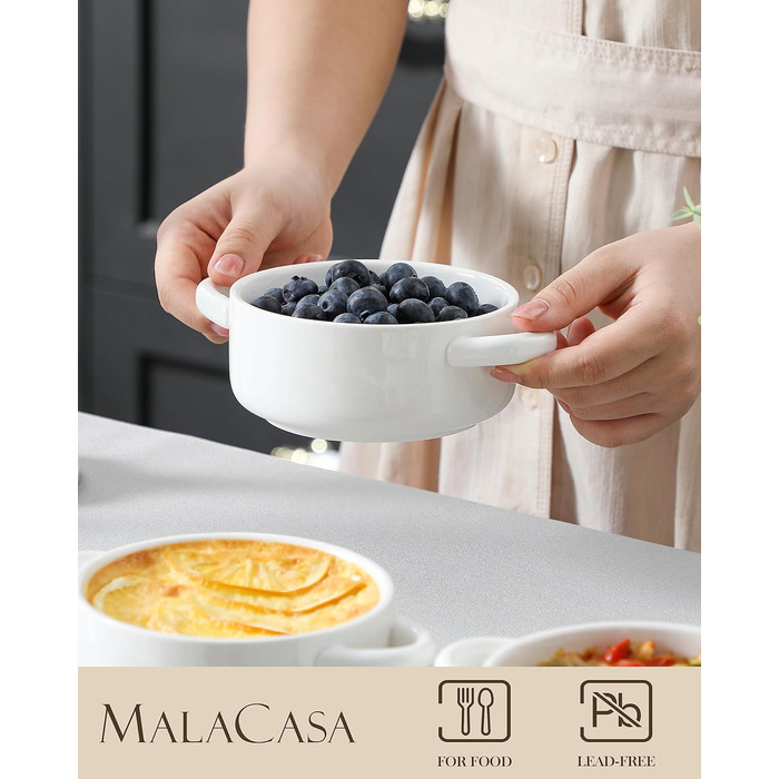 Набір міні-кокотниць MALACASA, 400 мл, керамічна, з кришкою та ручкою, біла кокотниця для лазаньї, суфле та супу, можна мити в мікрохвильовій печі та посудомийній машині