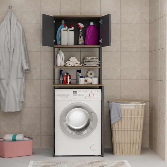 Шафа для пральної машини Homidea MIA - висока шафа для ванної кімнати - настінний шкаф для пральної машини та сушилки для білизни для кухні та ванної кімнати 182.1 x 65 x 60 см (Антрацит/Дуб) Антрацит / Дуб