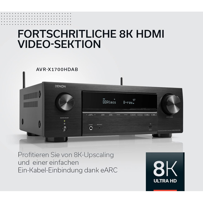 Канальний AV-ресивер Denon AVR-X1700HDAB, Dolby Atmos, DTSX, 8K HDMI, Bluetooth, Wi-Fi, HEOS, Alexa, 7.2-