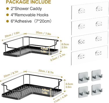 Полиця для душу Orimade без свердління, кутова, мильниця з 4 гачками та 6 клеєм, чорна, 2 шт. и