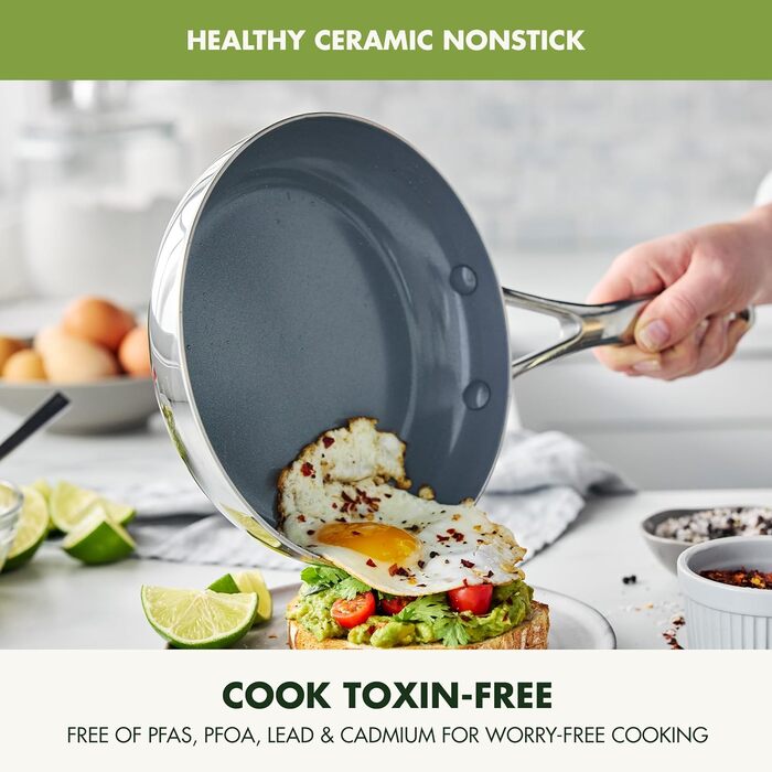 GreenPan Valencia Pro сковорода з нержавіючої сталі, 20.3 см, індукційна, дзеркальна, тришарова, з антипригарним покриттям з кераміки, без PFAS та PFOA, для кухні