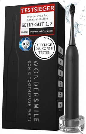 Електрична зубна щітка Wondersmile PRO - переможець тесту 2025 - 100 днів без ризику - сертифікована TÜV - 4 режими, акумулятор 60 днів, розумна насадка (Ultimate Black)